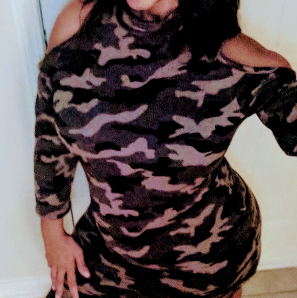Cute Mock Neck, Cold Shoulder, Camoflouge Dress